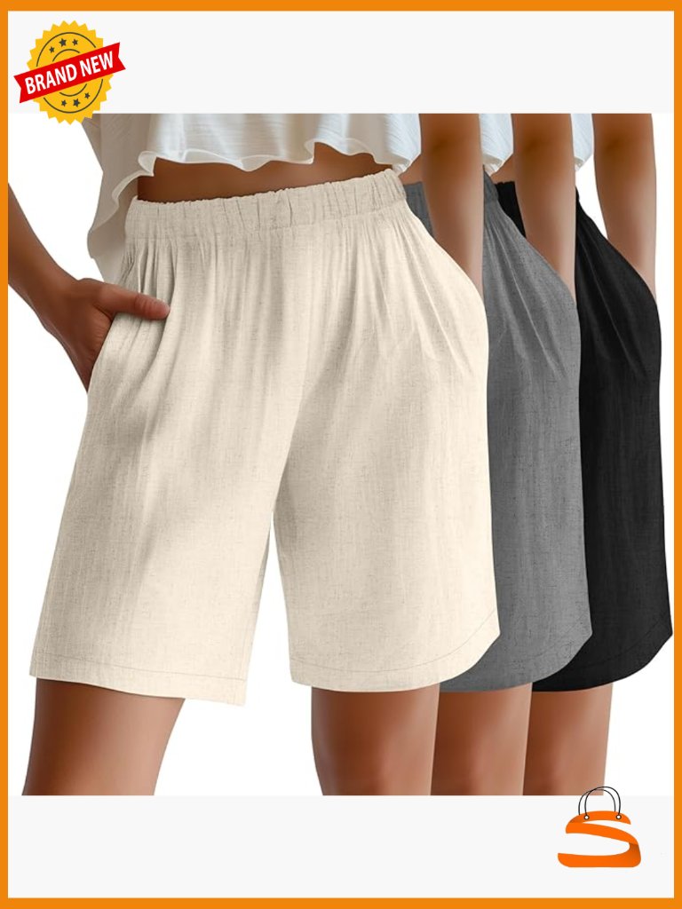 Women's Linen Bermuda Shorts High Waist Wide Leg With Pockets 3 Pack